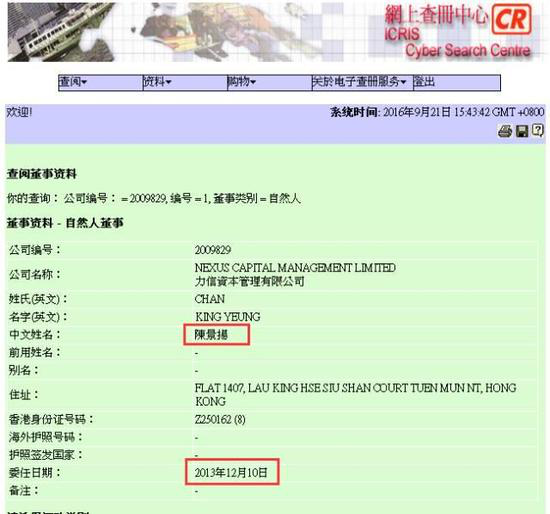 網站上查詢的信息顯示，陳景揚是力信資本的唯一自然人